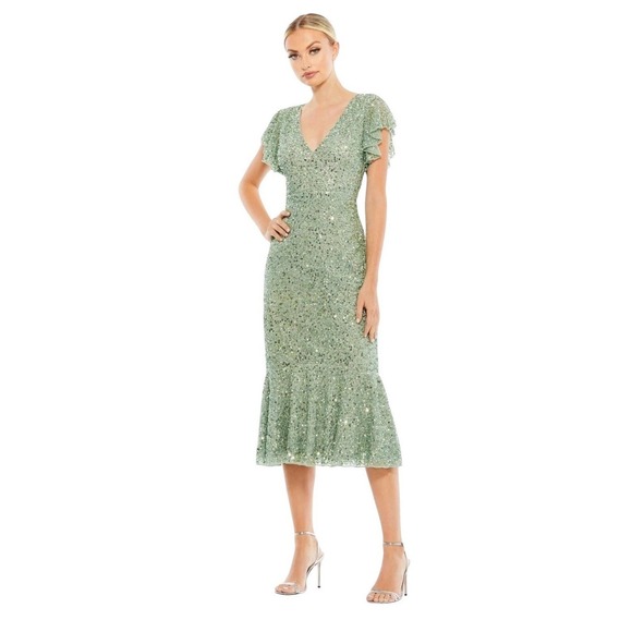 Mac Duggal Dresses & Skirts - Mac Duggal 10801 Sage Sequin Flutter Sleeve Midi Dress Size 4 $398
